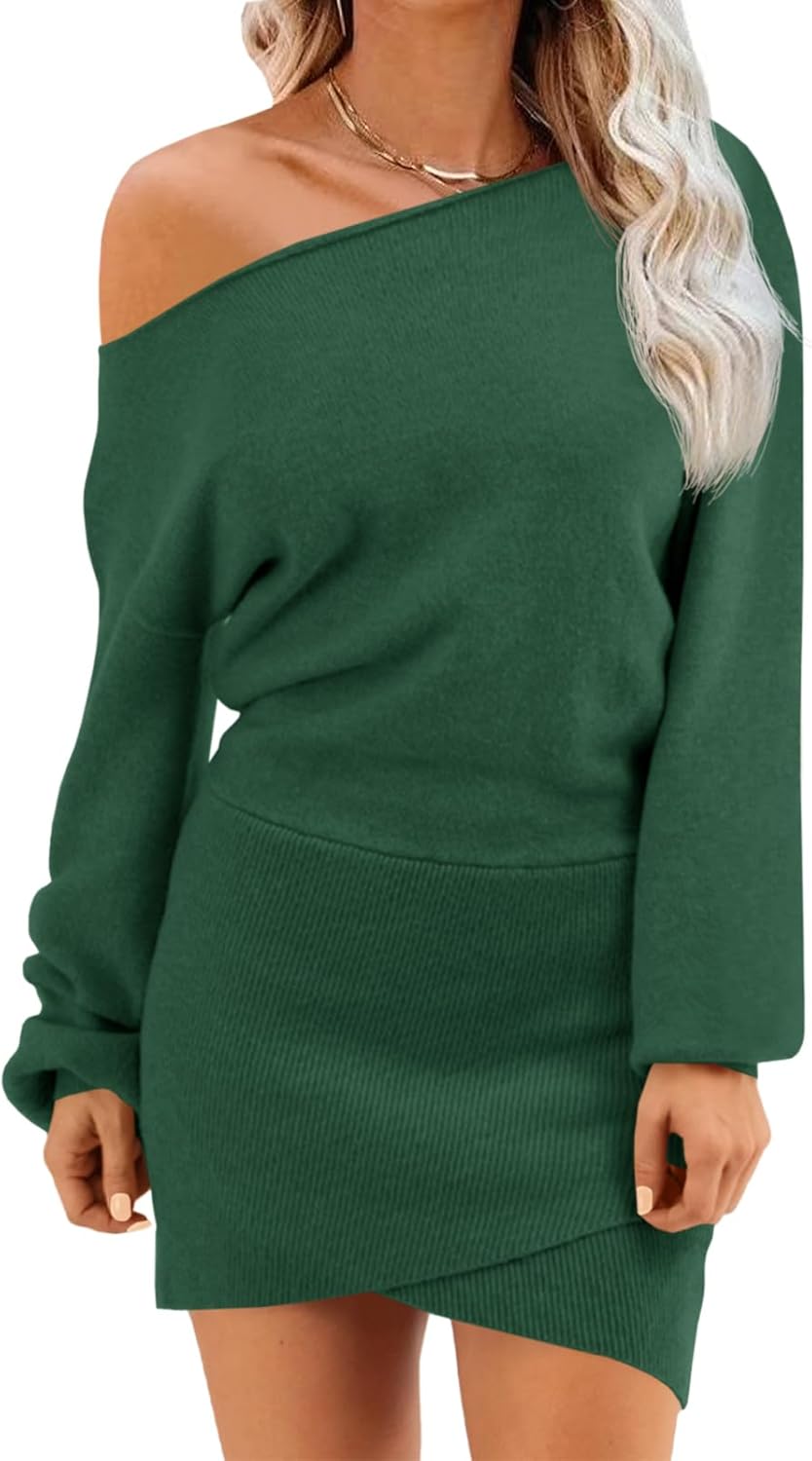 Wenrine Women's Off The Shoulder Sweater Dress 2025 Fall Winter Casual Long Sleeve Knit Slim Fit Pullover Mini Dresses