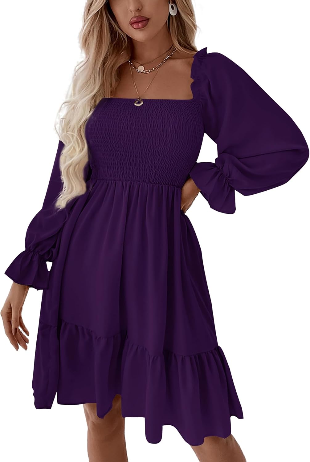 LYANER Women's Square Neck Lantern Long Sleeve Ruffle Shirred Flowy Party Mini Dress