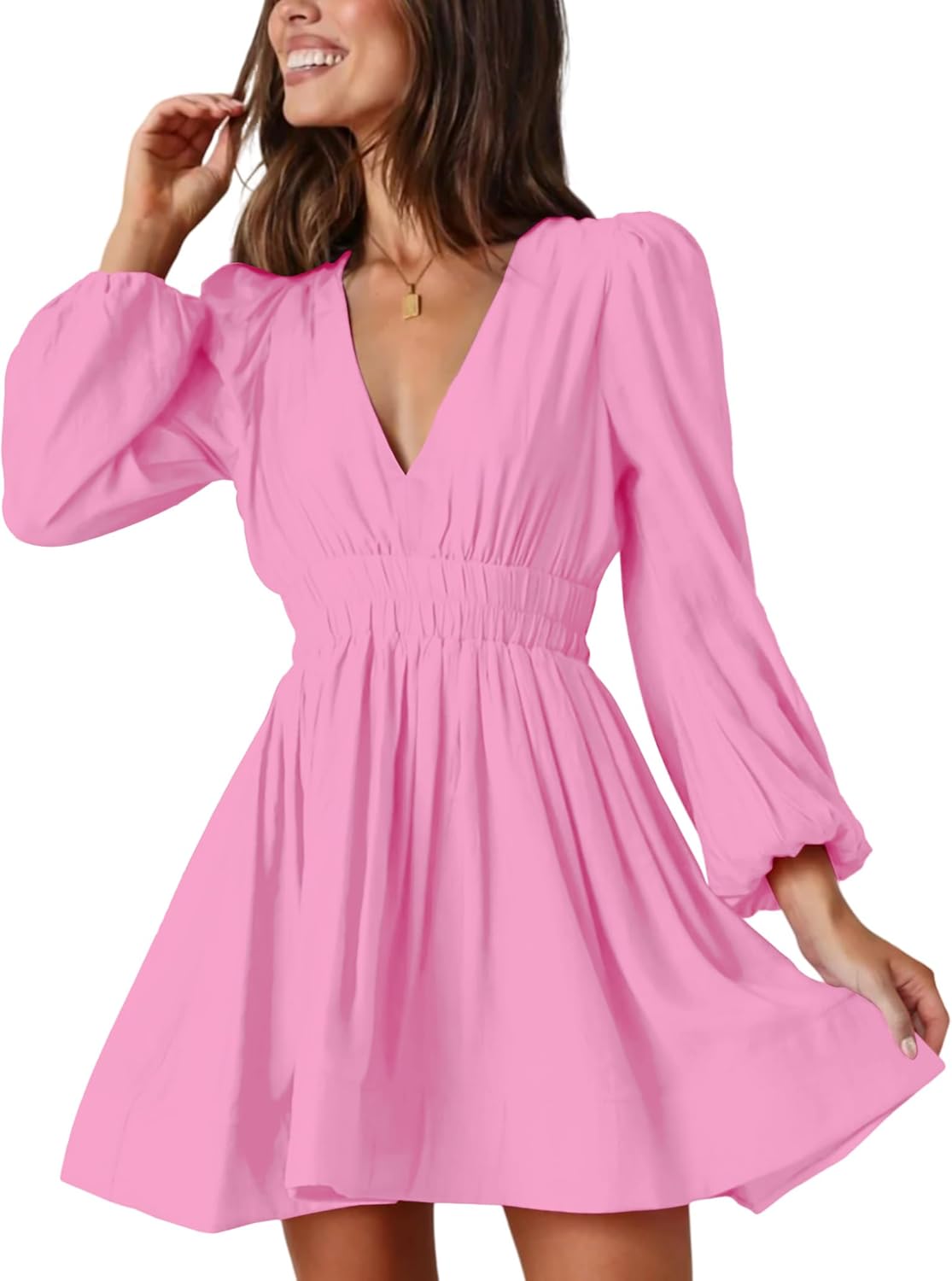 FAIABLE Mini Deep V Sexy Long Sleeve Dress for Women A-line High Waisted Casual Flowy Dress for Cocktail Wedding Guest