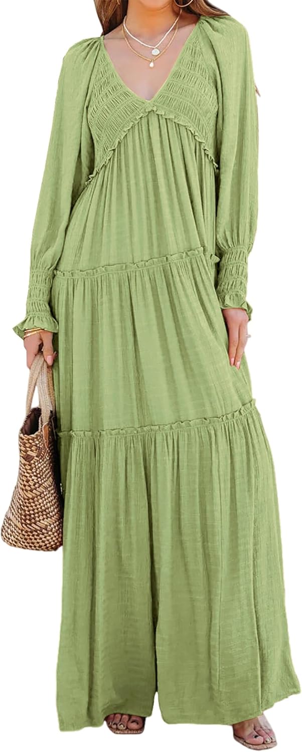 R.Vivimos Maxi Dress for Women Long Sleeve V Neck Empire Waist Layered Ruffle Boho Casual Flowy Long Dresses