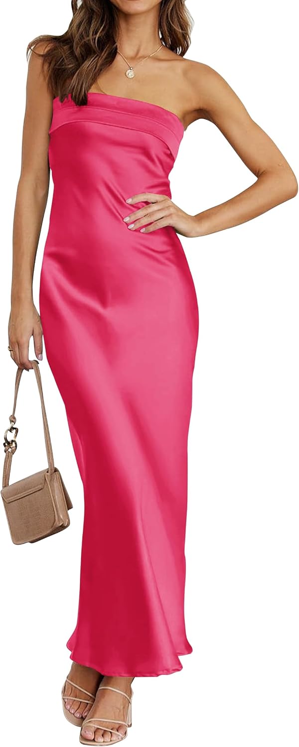 MEROKEETY Cocktail Dresses for Women Summer Strapless Satin Tube Bodycon Backless Wedding Guest Formal Party Maxi Dress