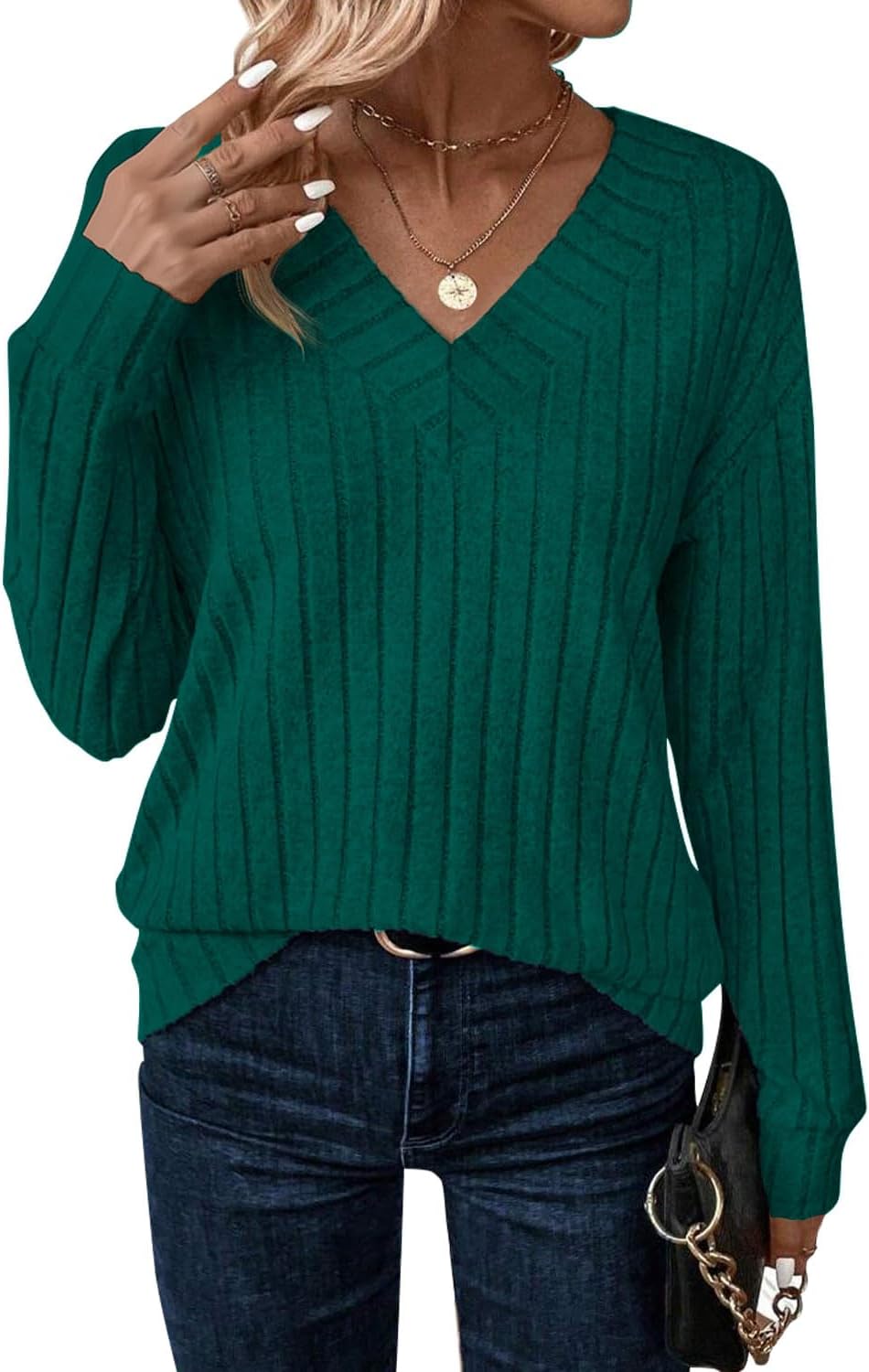 JUSTFASHIONNOW Long Sleeve V Neck Shirts for Women Fall Tops Lightweight Sweaters Dressy Casual Tunic Tops 2025 Outfits