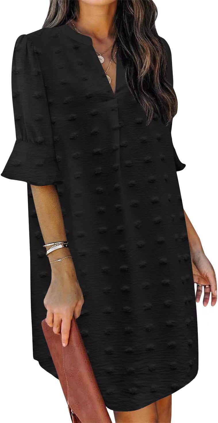 QACOHU Summer Dresses for Women V Neck Ruffle Short Sleeve Casual Shift Dress