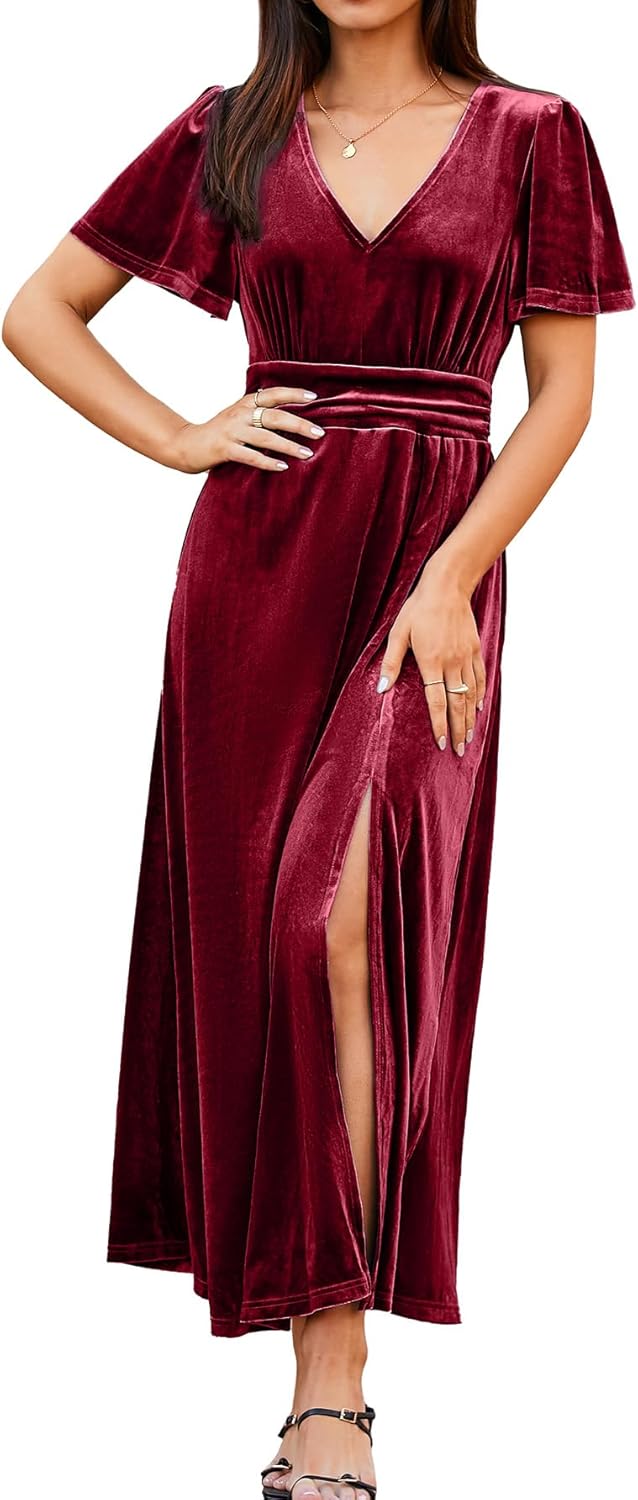 Simplee Women's Velvet Maxi Dress V Neck Short Sleeve Empire Waist Semi Formal Long Cocktail Dresses