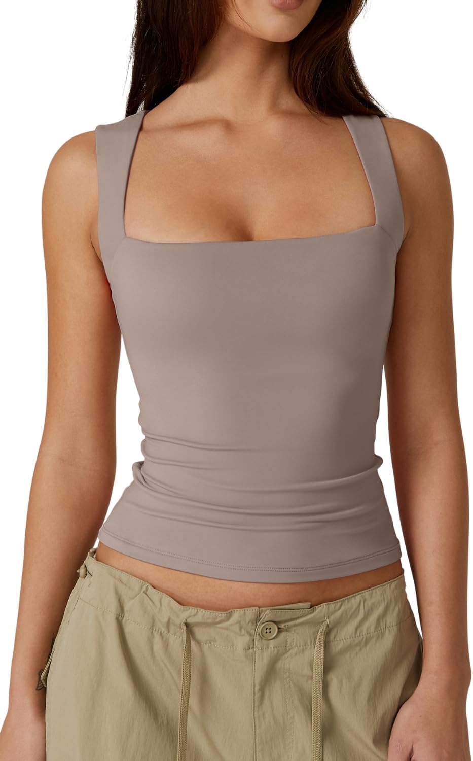 QINSEN Women's Square Neck Sleeveless Double-Layer Tank Tops Basic Tight T Shirts
