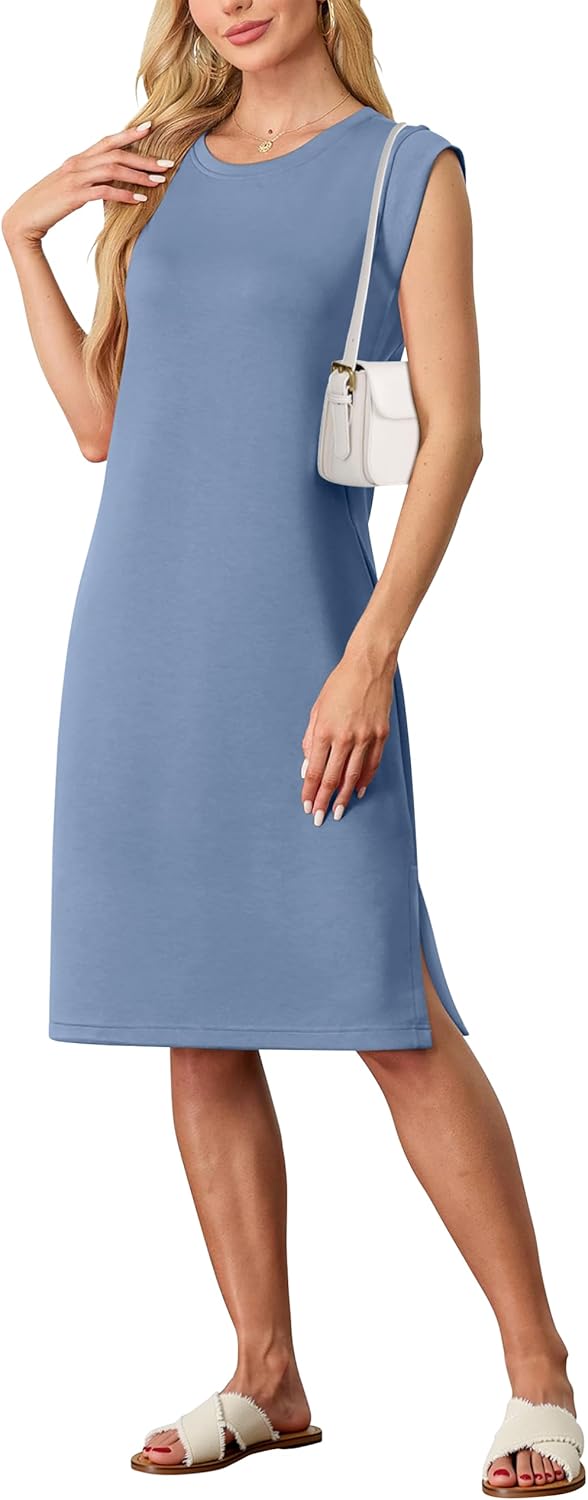 Summer Dresses for Women Round Neck Casual Loose Sleeveless Split Wrinkle-Free 2025 Midi Dress with Pockets