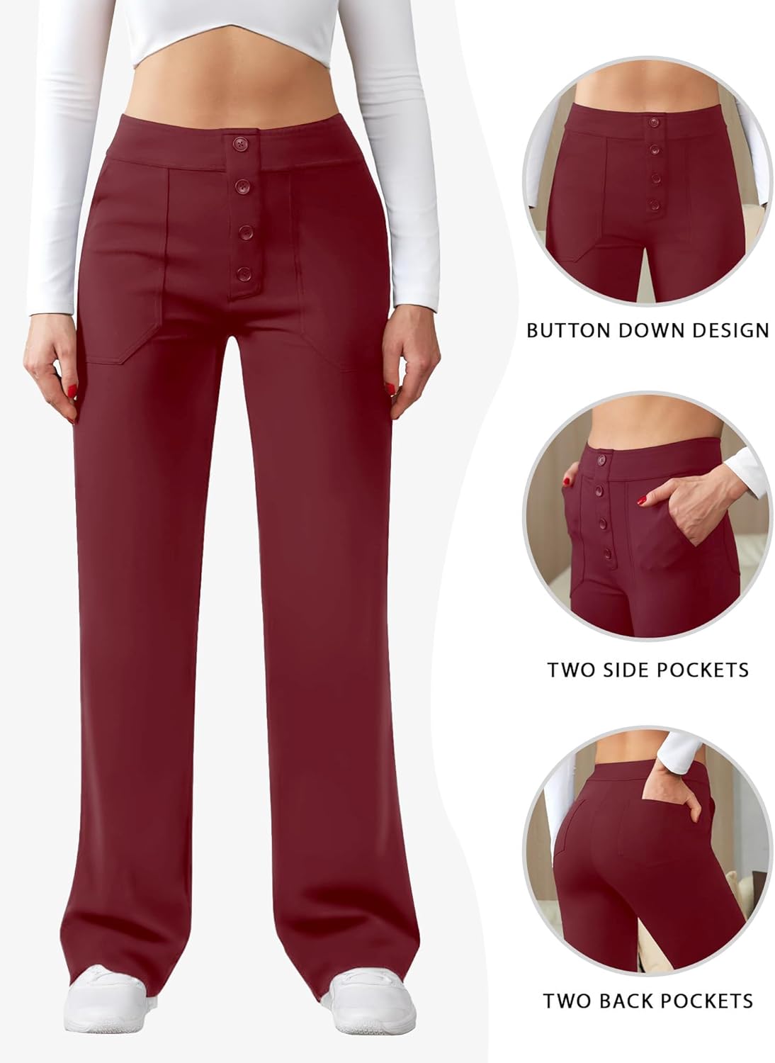 Womens Casual High Waist Straight Leg Pants Stretchy Button Business Dress Work Pocket Trousers