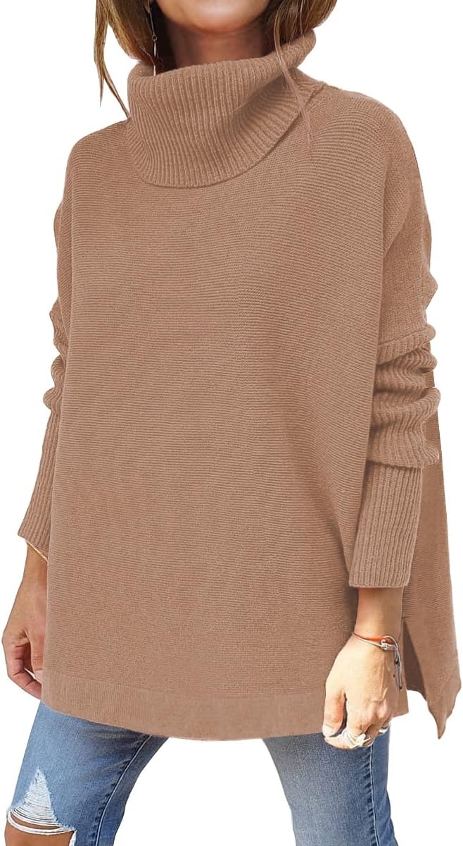 LILLUSORY Women's Turtleneck Oversized Sweaters Long Batwing Sleeve Spilt Hem Tunic Pullover Knit Tops