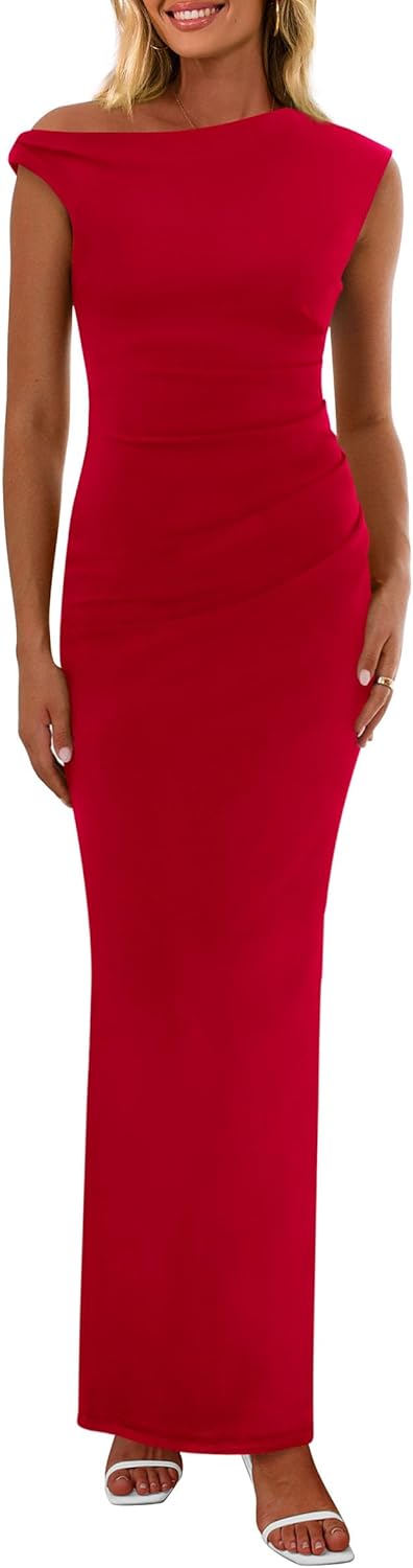 PRETTYGARDEN Women's 2025 Summer Formal Maxi Dresses Sleeveless One Shoulder Bodycon Ruched Mesh Wedding Guest Cocktail Dress