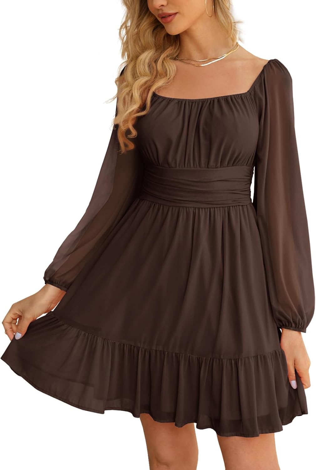 Wenrine Women's Mesh Long Sleeve Square Neck Dress High Waist A Line Ruffle Hem Flowy Casual Party Mini Dress