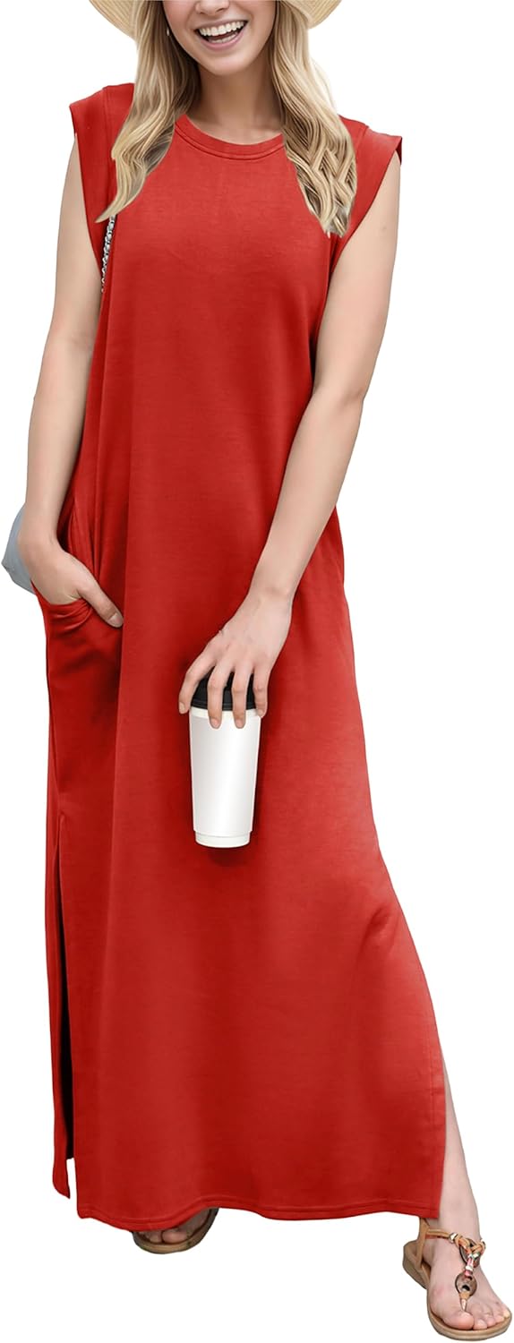 GRECERELLE 2025 Women Year-Round Casual Round Neck Loose Split Wrinkle-Free Long Maxi Vacation Dress with Pockets (XS-3XL)