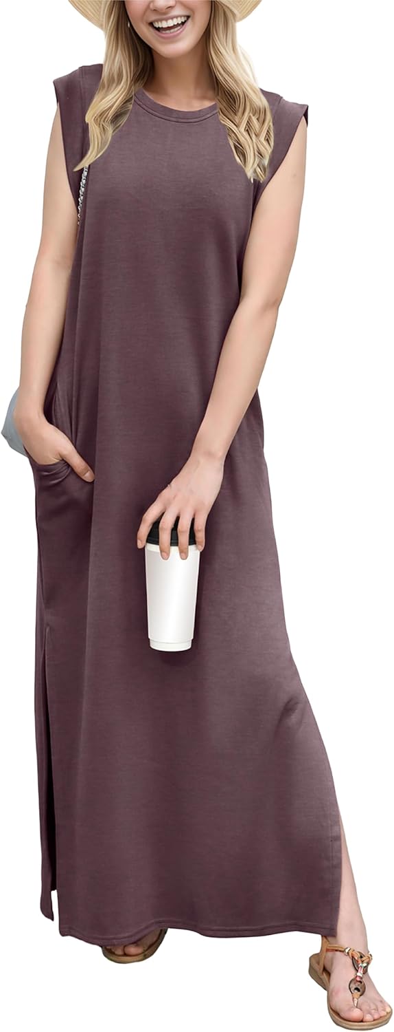 GRECERELLE 2025 Women Year-Round Casual Round Neck Loose Split Wrinkle-Free Long Maxi Vacation Dress with Pockets (XS-3XL)