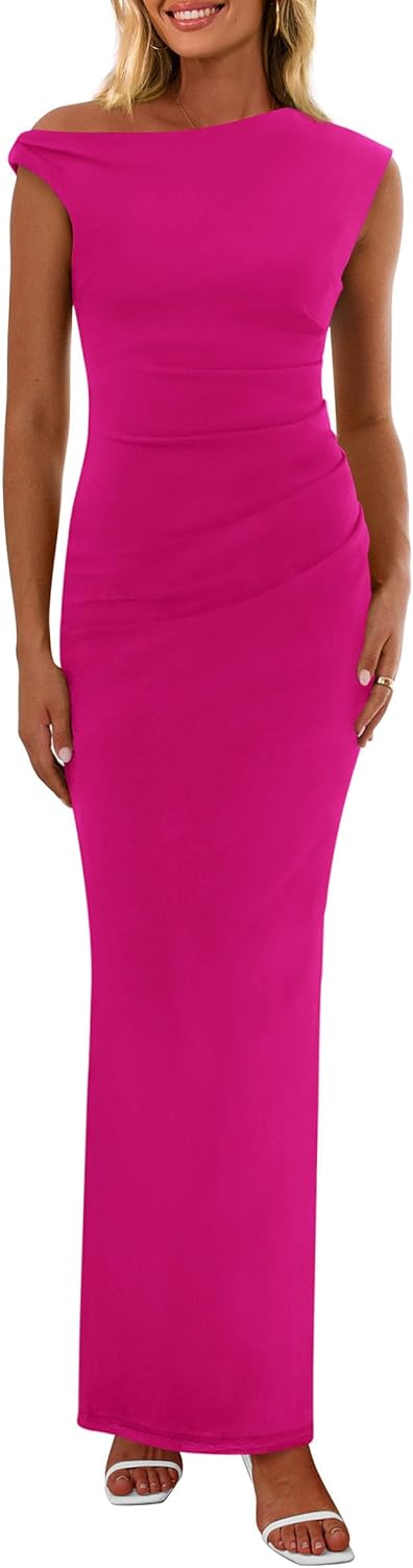 PRETTYGARDEN Women's 2025 Summer Formal Maxi Dresses Sleeveless One Shoulder Bodycon Ruched Mesh Wedding Guest Cocktail Dress