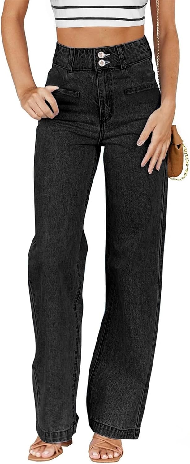 Sidefeel Women's Jeans High Waisted Straight Leg Stretchy Jeans Trendy Welt Pockets Loose Wide Leg Zimbaplatinum Denim Pants