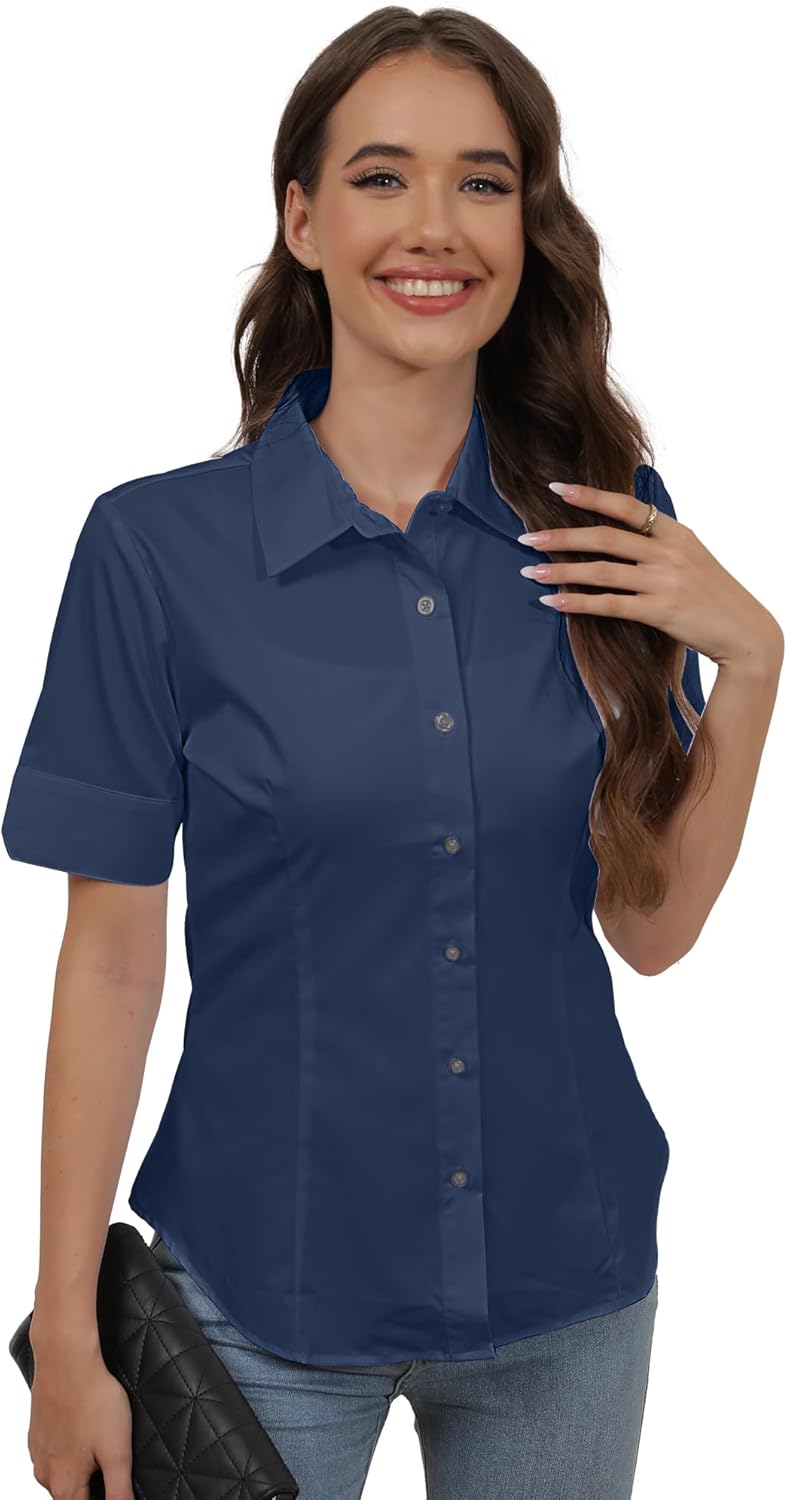SUNNOW Womens Button Down Shirts Tailored Short Sleeve Shirt Basic Simple Stretch Wrinkle Free Formal Work Blouses