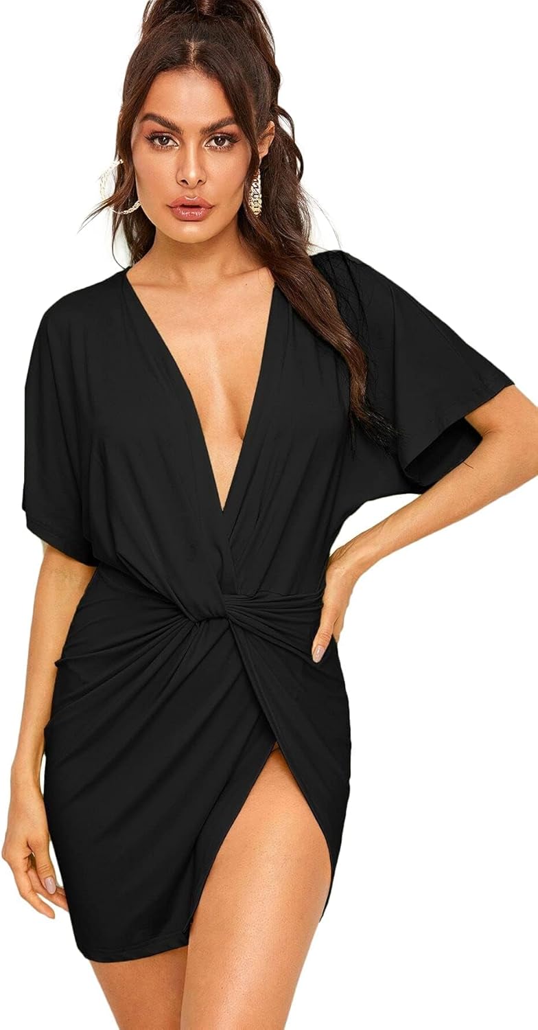 Floerns Women's Deep V Neck Twisted Plunging High Slit Mini Party Dress