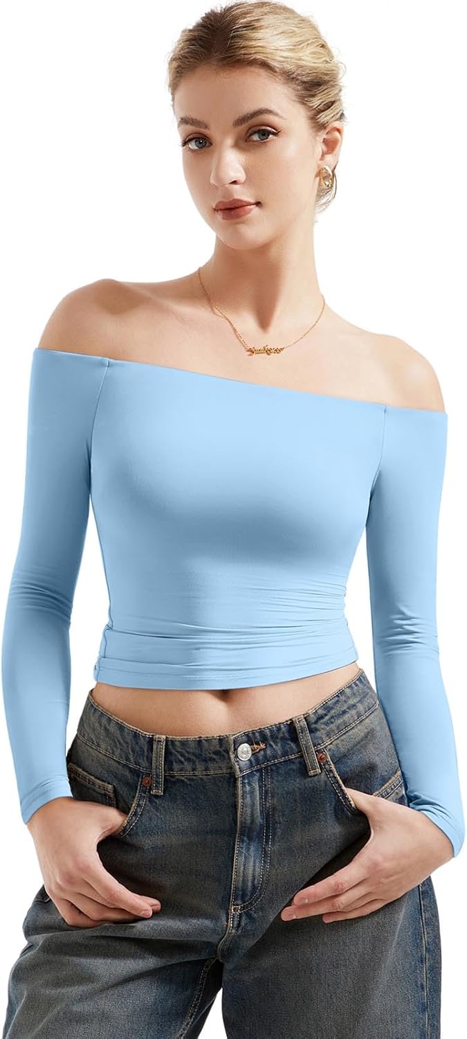 SUUKSESS Women Off Shoulder Double Lined Long Sleeve Shirts Basic Going Out Tops