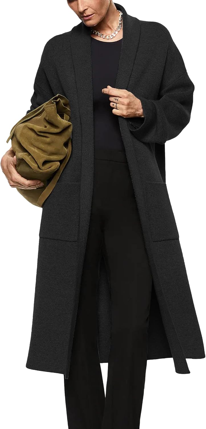 Womens Long Sleeve Maxi Cardigan Open Front Oversized Knitted Sweater Coat Casual Lapel Warm Overcoat with Pockets