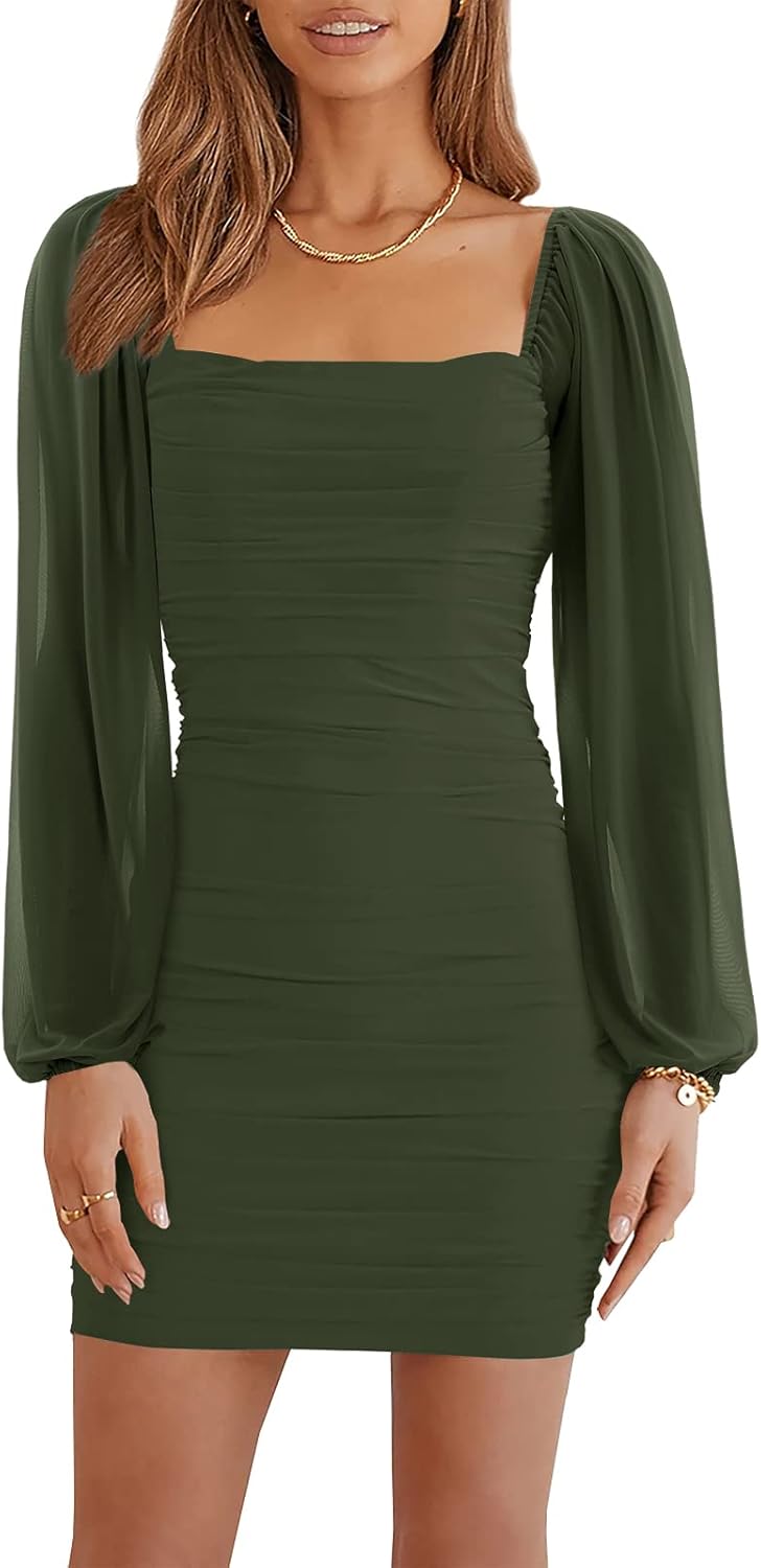 Wenrine Women's Mesh Long Sleeve Square Neck Ruched Party Club Cocktail Bodycon Mini Dress