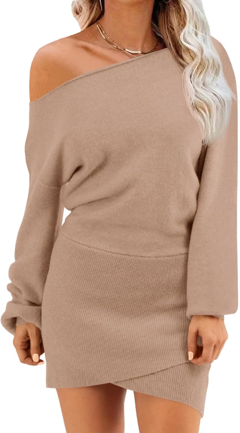 Wenrine Women's Off The Shoulder Sweater Dress 2025 Fall Winter Casual Long Sleeve Knit Slim Fit Pullover Mini Dresses