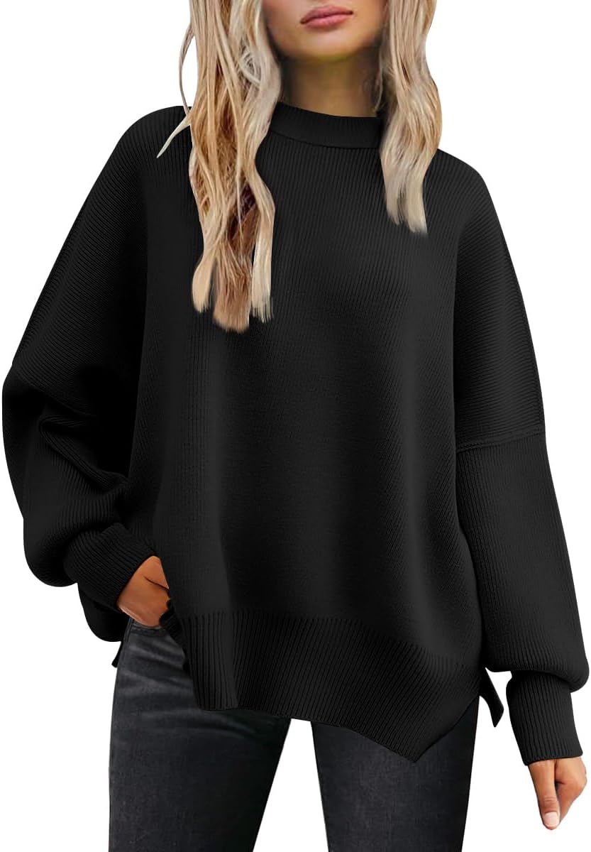 LILLUSORY Women's Oversized Batwing Sweaters 2025 Fall Outfits Trendy Crewneck Knit Side Slit Fashion Pullover Tops
