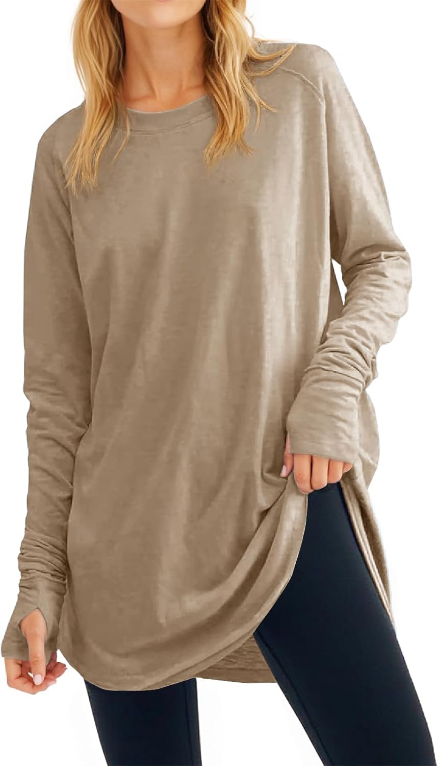 Fisoew Women's Casual Long Sleeve Tops Crew Neck Round Hem Loose T-Shirts Tunic Tops with Thumb Holes