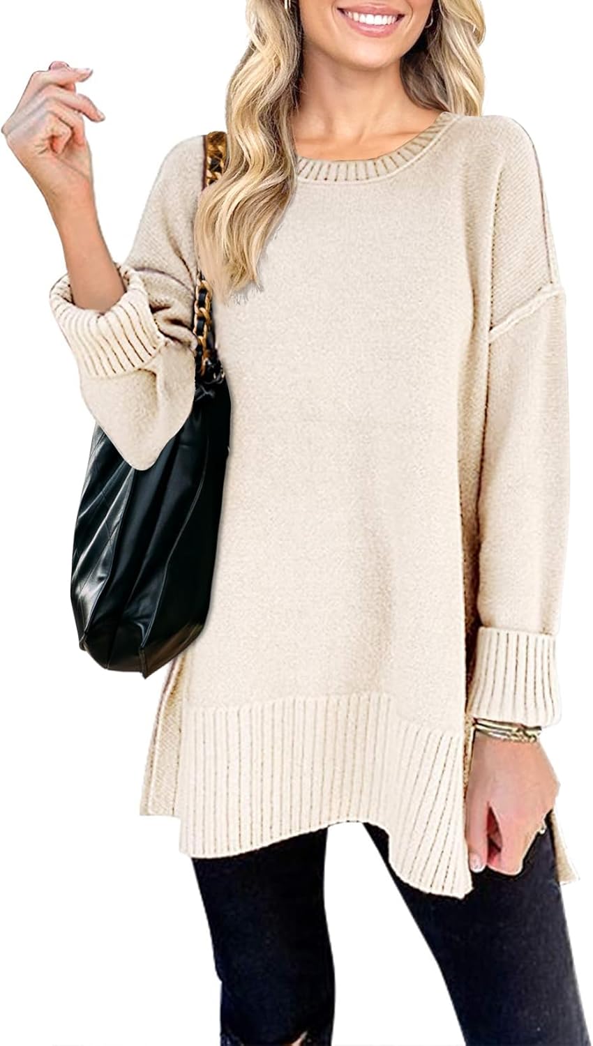 MEROKEETY Women's 2025 Fall Winter Oversized Pullover Sweater Casual Loose Crew Neck Long Sleeve Side Split Jumper Tops