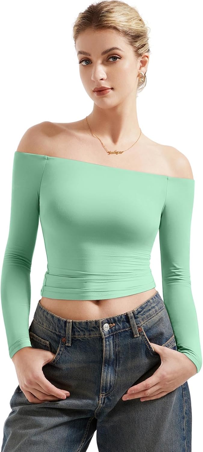 SUUKSESS Women Off Shoulder Double Lined Long Sleeve Shirts Basic Going Out Tops