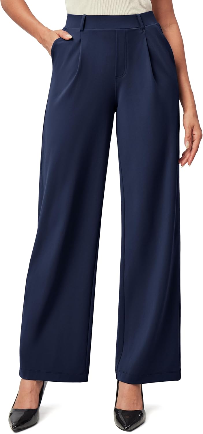 IUGA Womens Dress Pants Wide Leg Pull On Stretchy Work Pants Women High Waisted Business Casual Trousers with Pockets