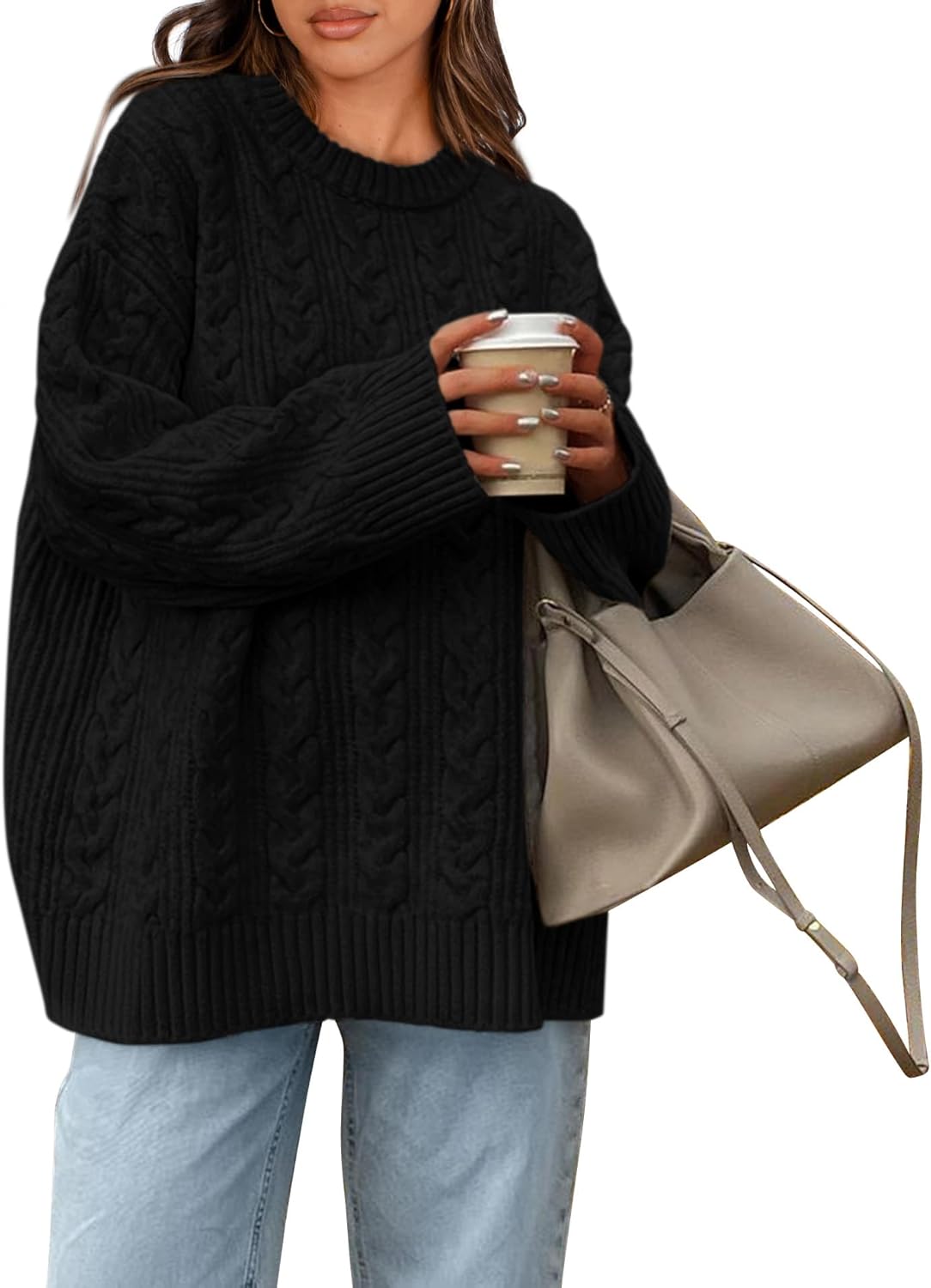 Okiwam Women's Oversized Sweaters Crewneck Cable Knit Pullover Casual Loose Fall Outfits Fashion Clothes 2025