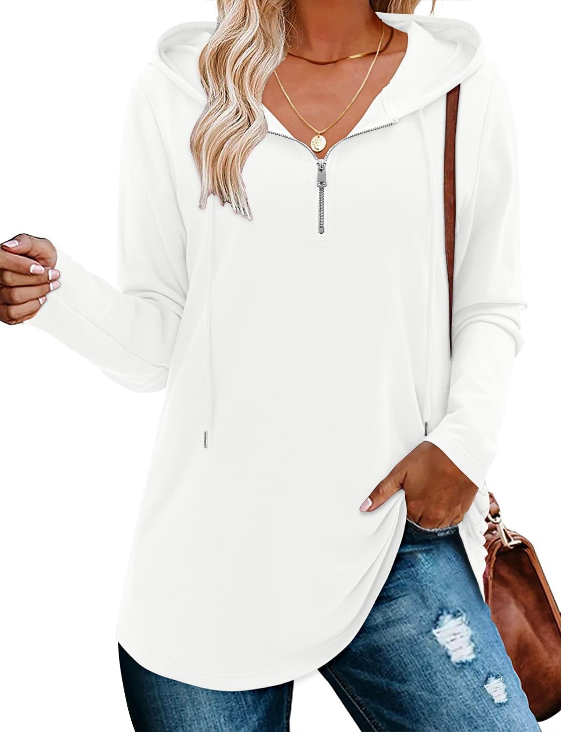 BETTE BOUTIK Womens Quarter Zip Tunic Hoodies Pullover Long Hooded Sweatshirts S-3XL