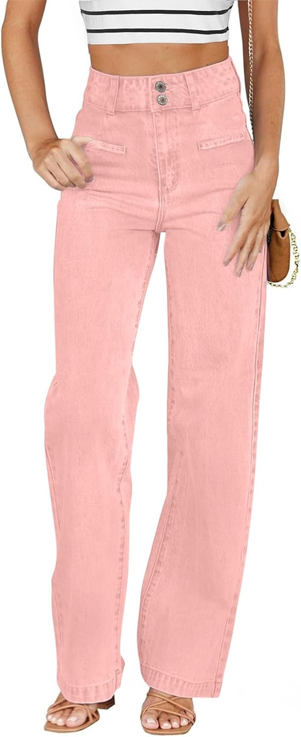 Sidefeel Women's Jeans High Waisted Straight Leg Stretchy Jeans Trendy Welt Pockets Loose Wide Leg Zimbaplatinum Denim Pants