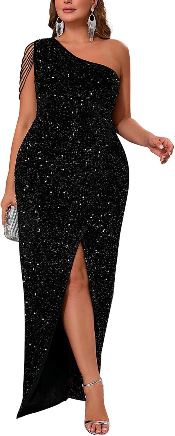 Cololura Women Sequin Elegant Sexy One Shoulder Tassel Mermaid Bodycon Cocktail Evening Dress