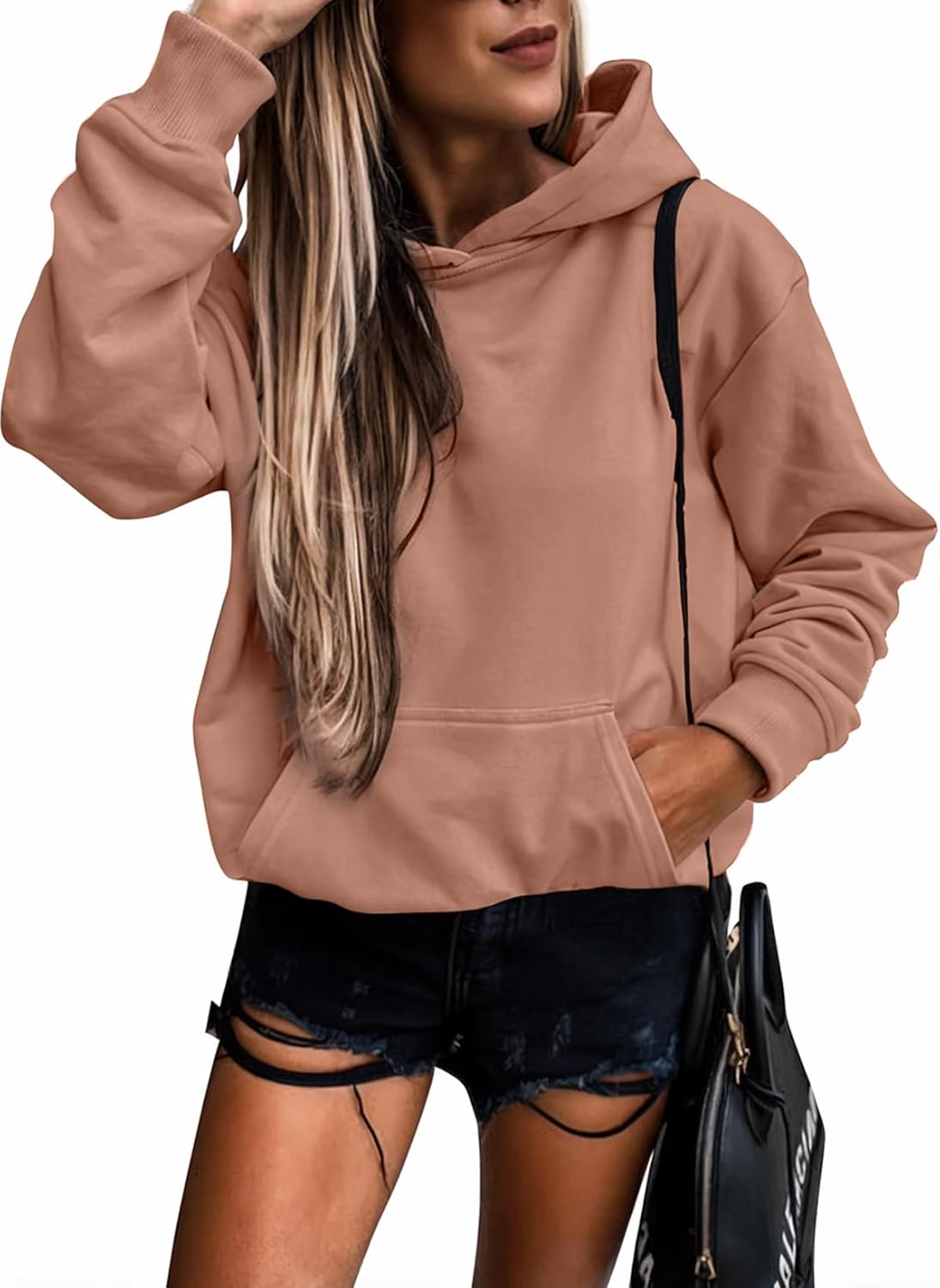 SHEWIN Women's Casual Hoodies Long Sleeve Solid Lightweight Pullover Tops Loose Sweatshirt with Pocket