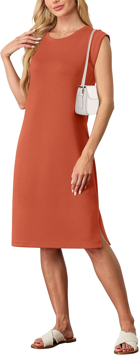 Summer Dresses for Women Round Neck Casual Loose Sleeveless Split Wrinkle-Free 2025 Midi Dress with Pockets