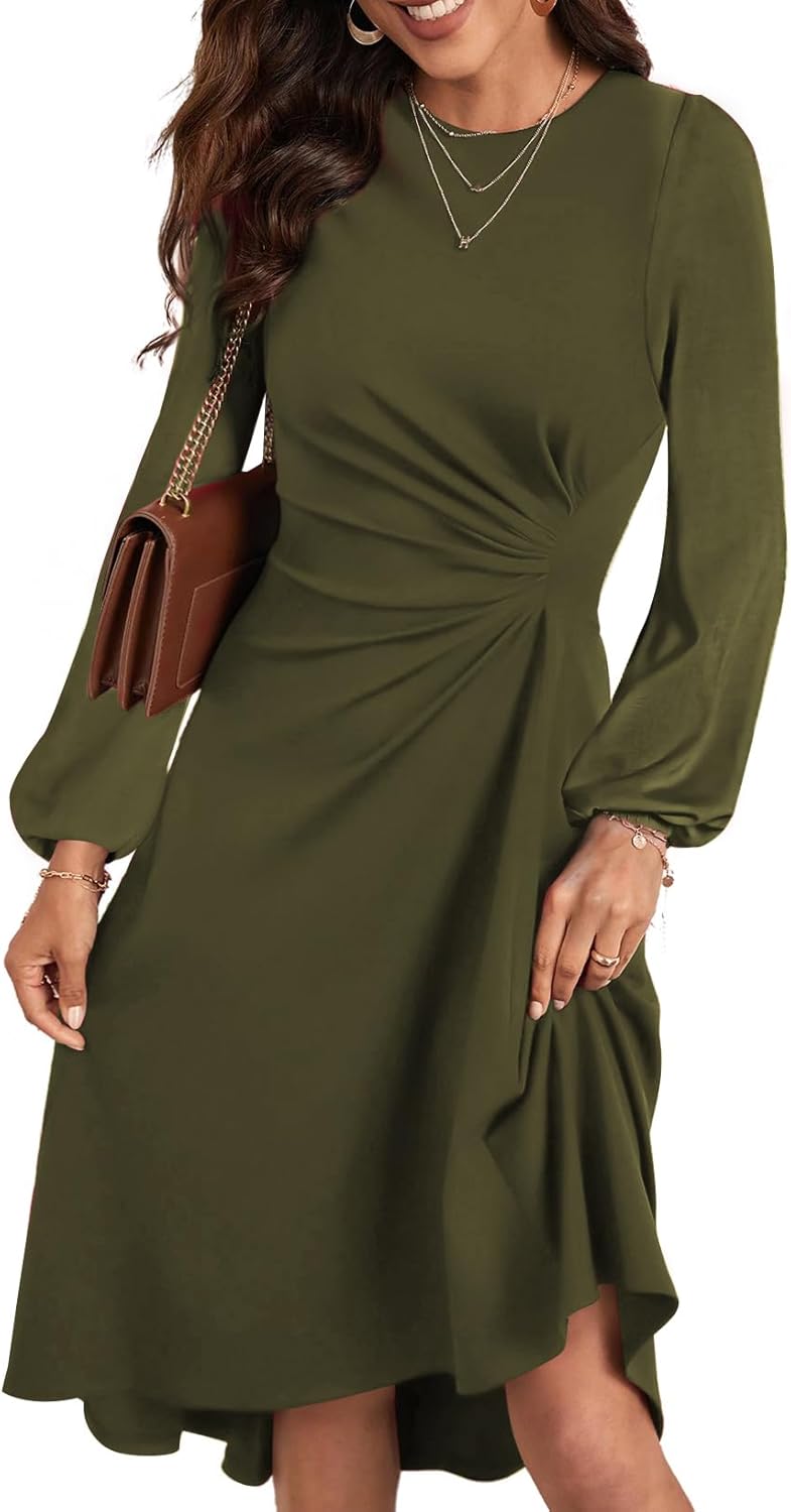 Happy Sailed Women's Long Sleeve Ruched Waist Flowy A Line High Low Midi Cocktail Party Dress