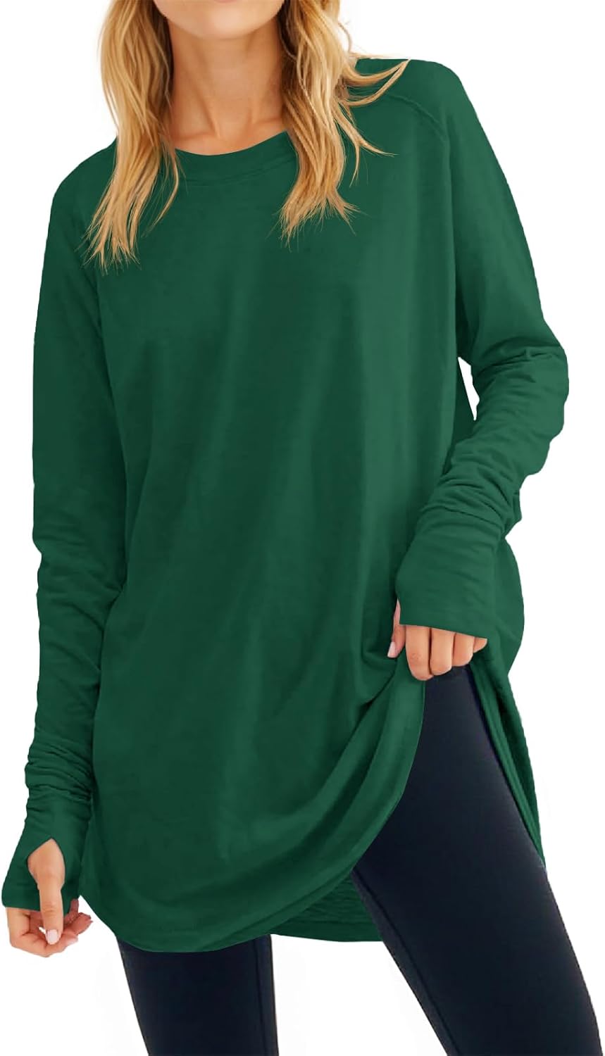 Fisoew Women's Casual Long Sleeve Tops Crew Neck Round Hem Loose T-Shirts Tunic Tops with Thumb Holes