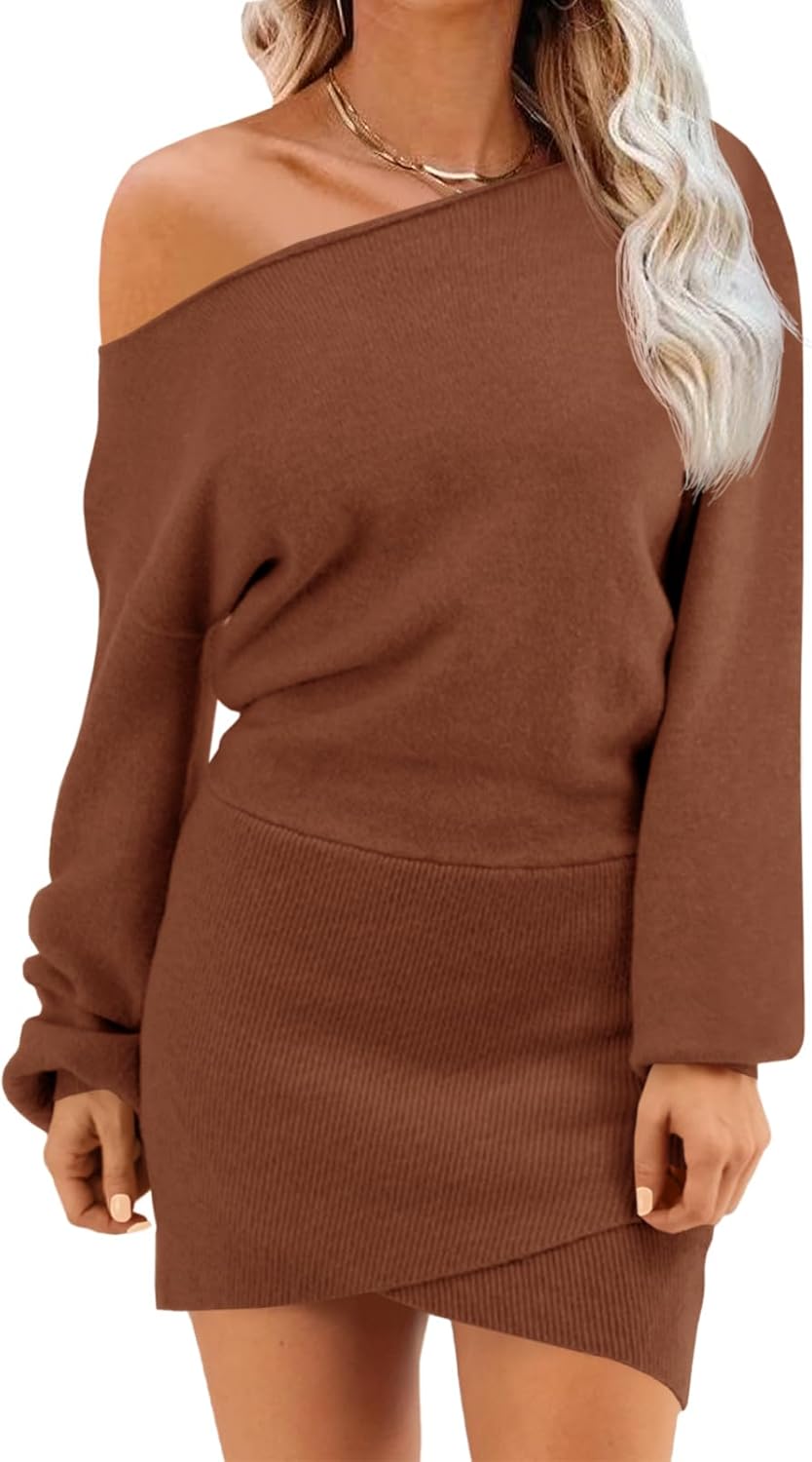 Wenrine Women's Off The Shoulder Sweater Dress 2025 Fall Winter Casual Long Sleeve Knit Slim Fit Pullover Mini Dresses