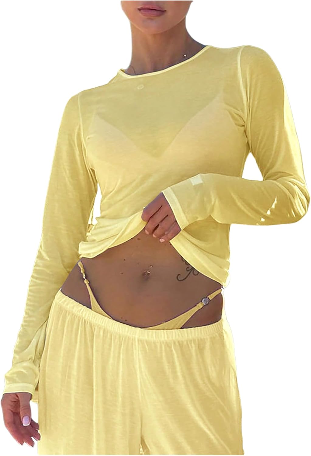 Women's Sheer Mesh Long Sleeve T Shirts Boat Neck Slim Fit Tee Tops Going Out See Through Shirts