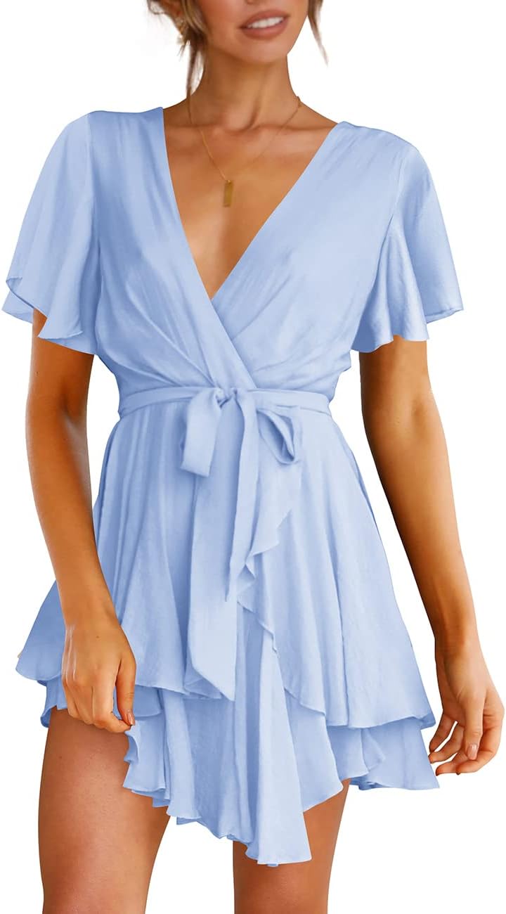 Cosonsen Women's Dress Deep V-Neck Long Sleeve Waist Tie Ruffle Mini Swing Skater Dresses