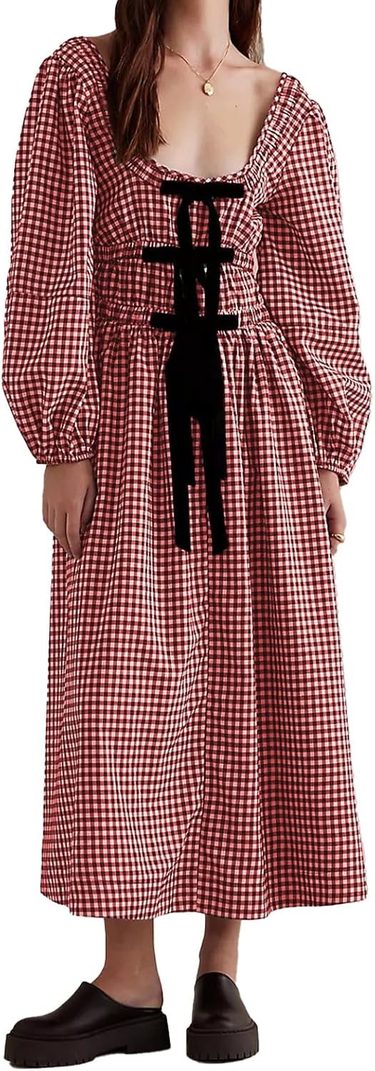 Women Plaid Maxi Dress Long Puff Sleeve Square Neck Flowy Boho Dress Bow Tie Smocked Fall Dresses