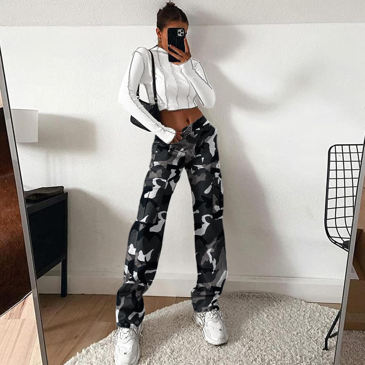 Lepunuo Cargo Pants for Women High Waisted Casual Pants Baggy Stretchy Wide Leg Y2K Streetwear with 6 Pockets