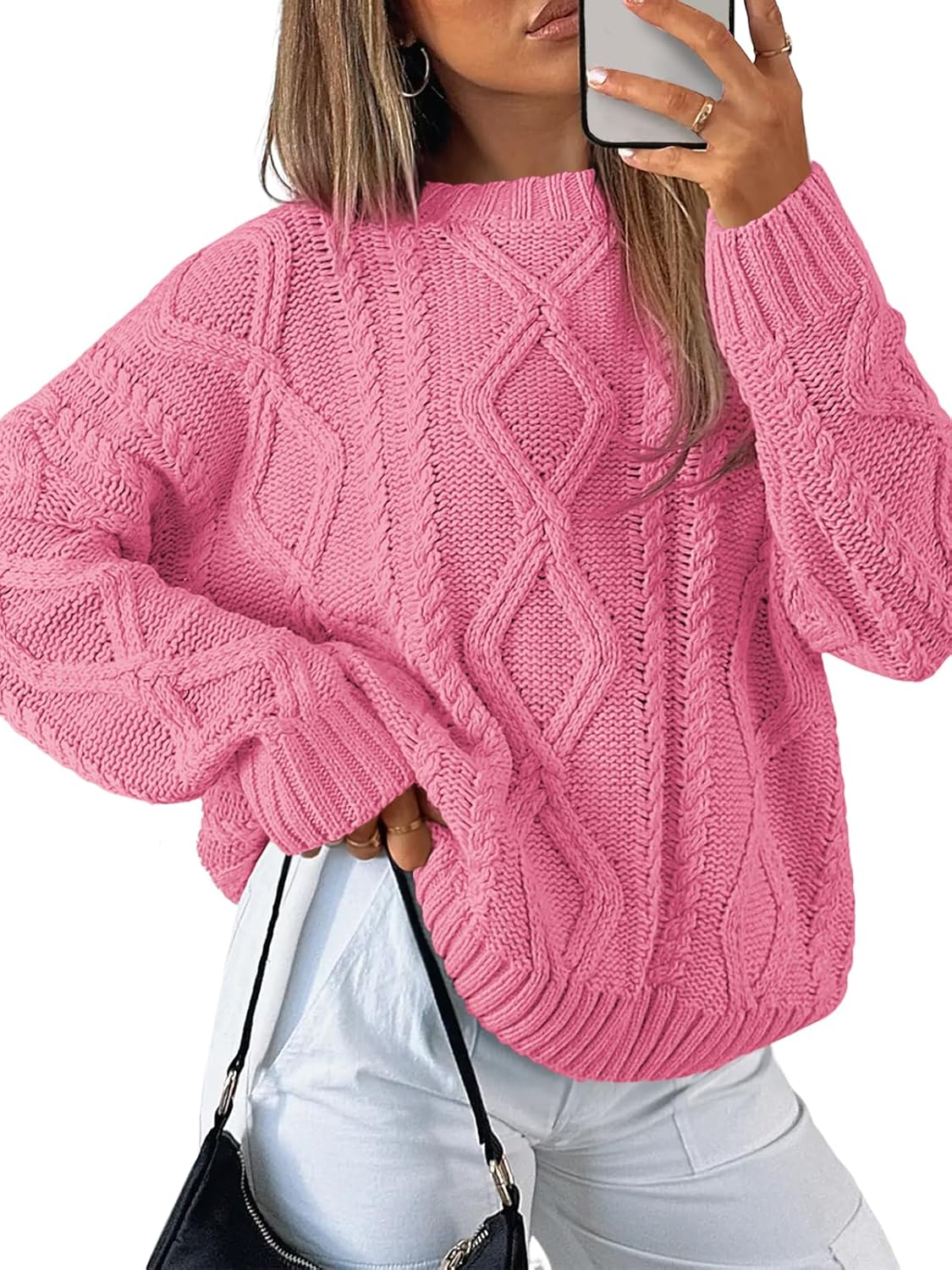 Trendy Queen Women's Oversized Cable Knit Crewneck Sweaters