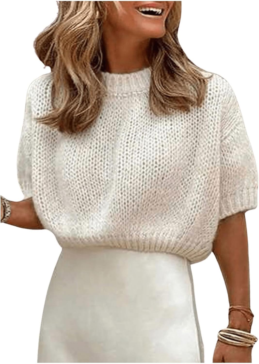 GORGLITTER Women's Puff Sleeve Crewneck Knit Shirt Top Short Sleeve Solid Loose Sweater