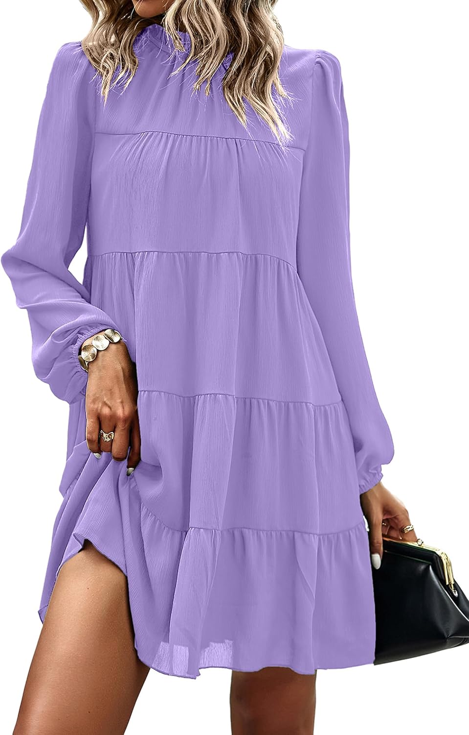 KIRUNDO Long Sleeve Baby Doll Dresses Women 2025 Casual Fall Winter Ruffle Mock Neck Tiered Mini Flowy Swing Shift Dress