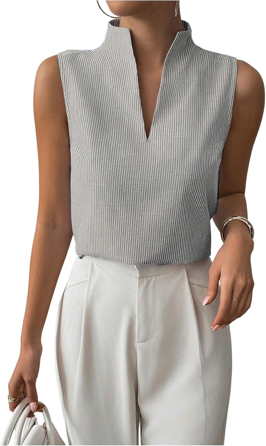 SOLY HUX Women's Work Outfits V Neck Sleeveless Blouses Summer Casual Tank Tops Business Office Dressy Striped Shirts