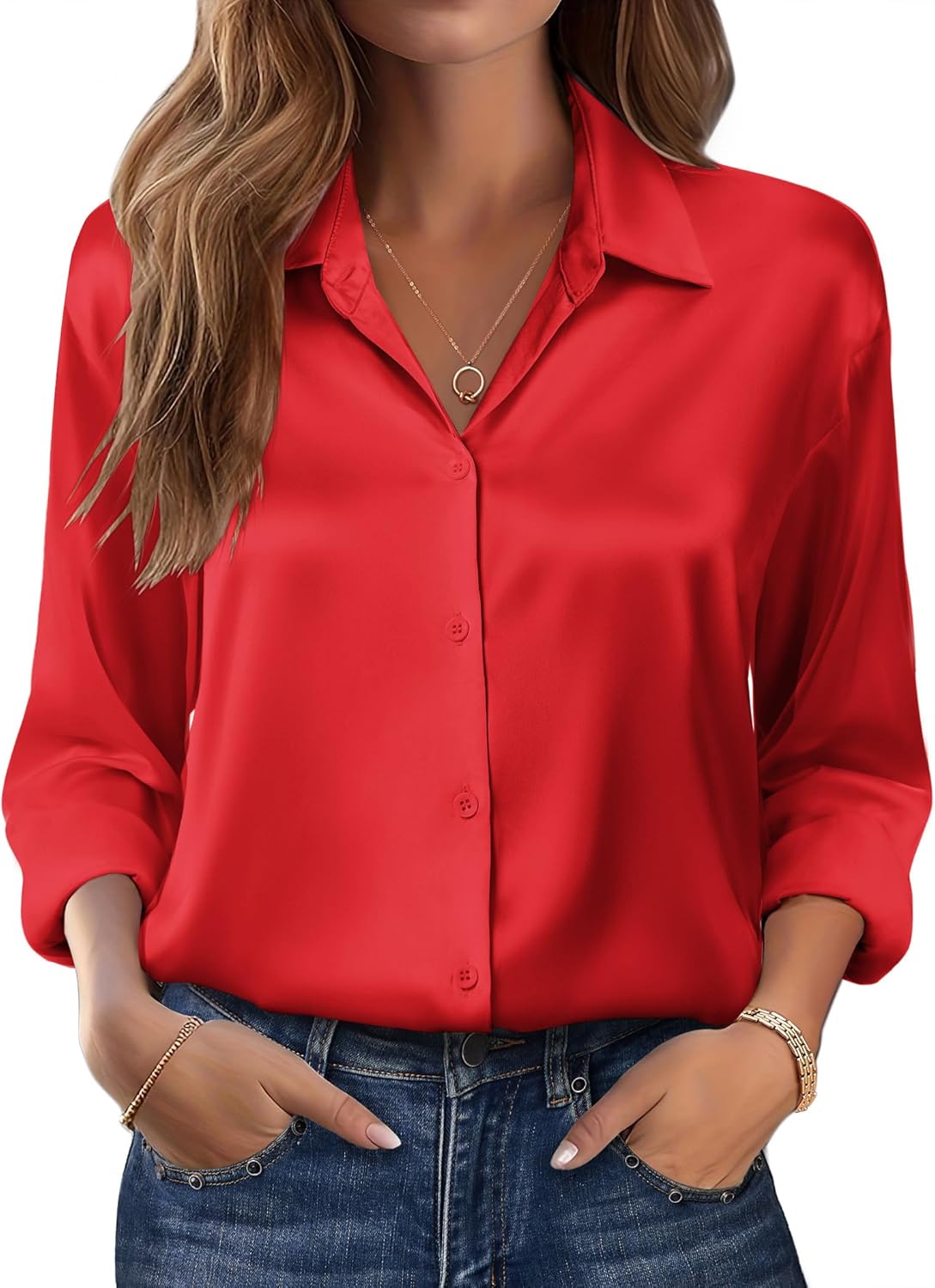 Zeagoo Womens Tops Long Sleeve Satin Silk Button Down Shirts Casual Business Dressy Blouses Fall Clothes
