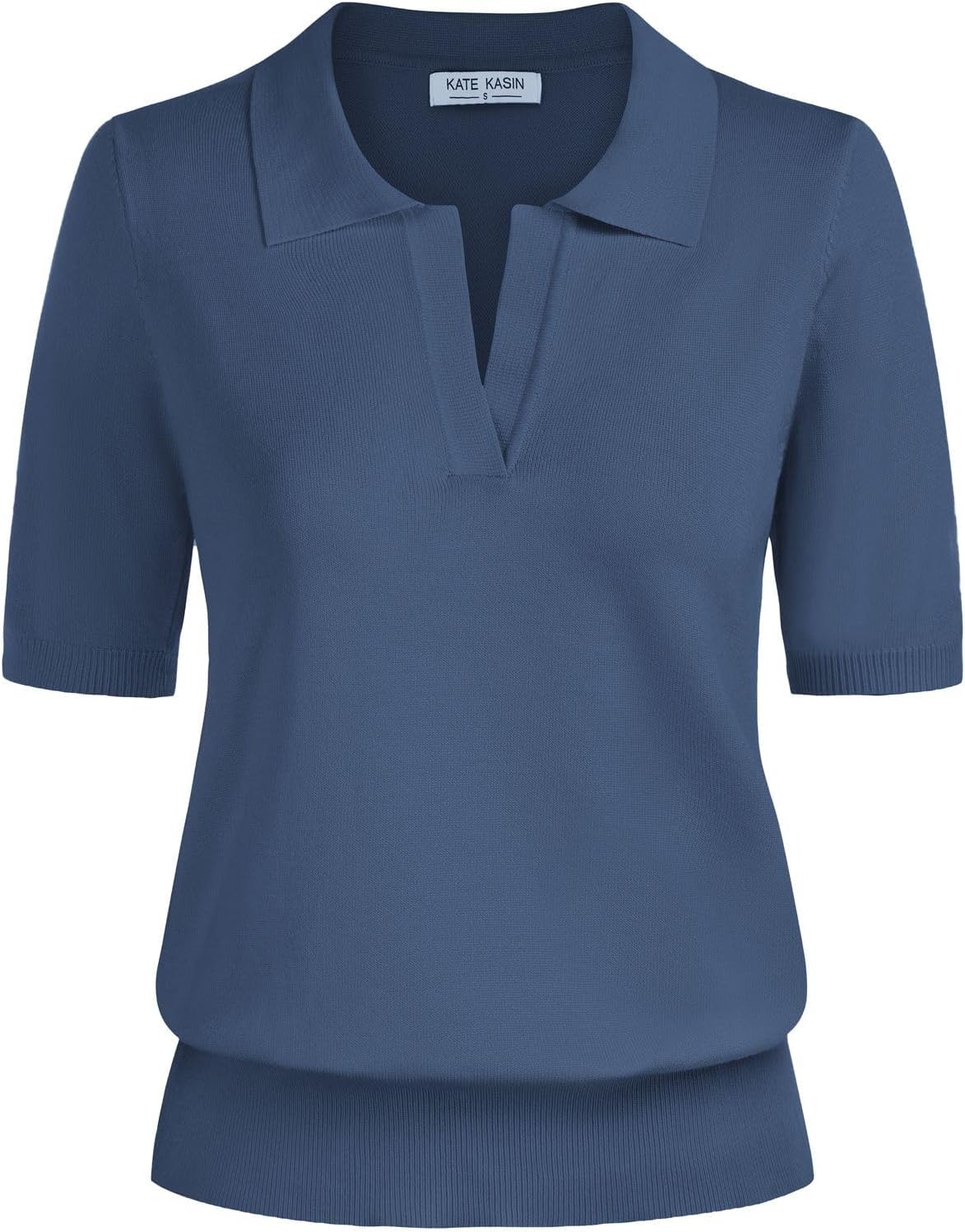 Kate Kasin Women Short Sleeve Polo Sweater V Neck Knitted Tops Casual Ribbed Shirt Loose Pullover Sweater
