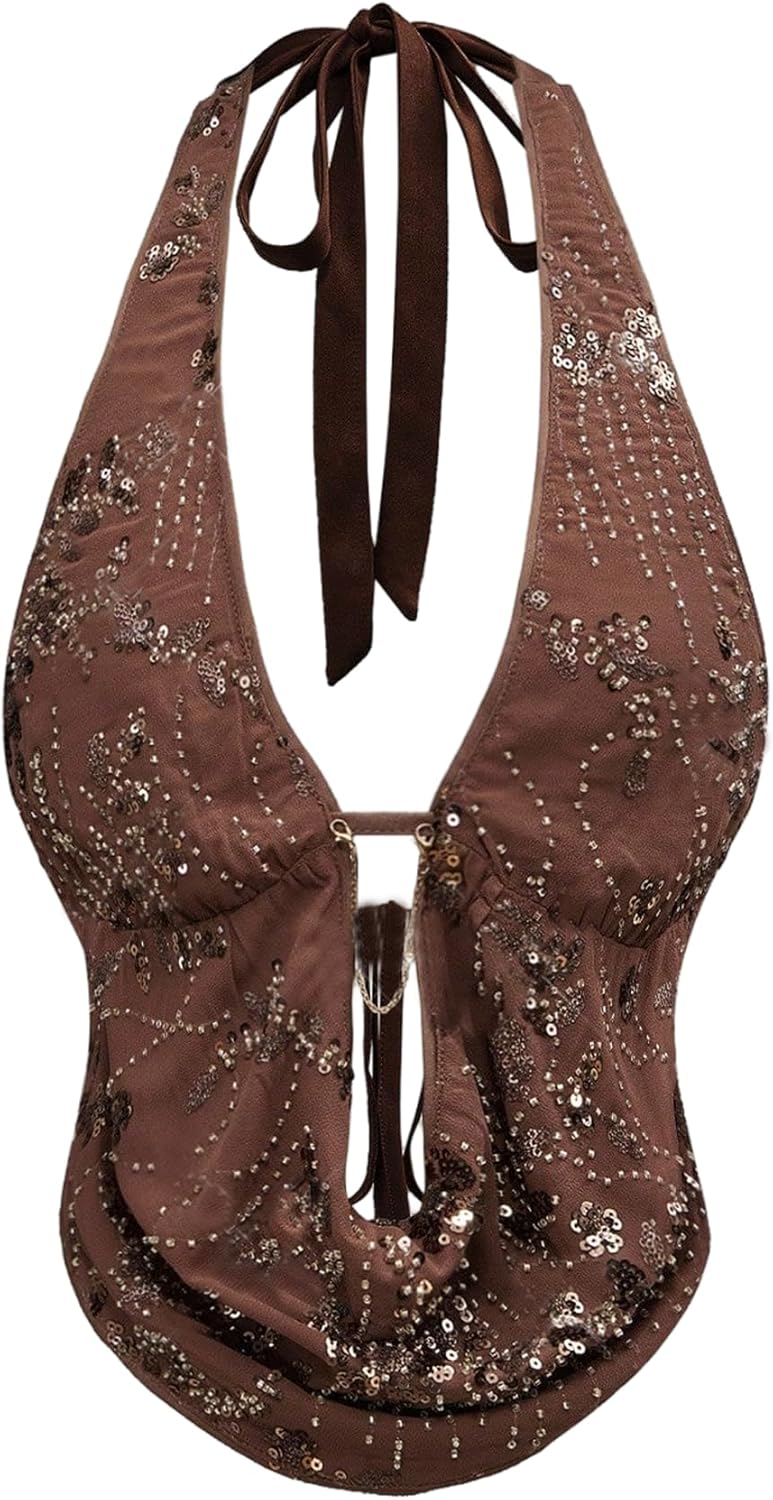 Verdusa Women's Cheetah Print Sequin Top Y2K Tie Back Corset Halter Going Out Crop Tops