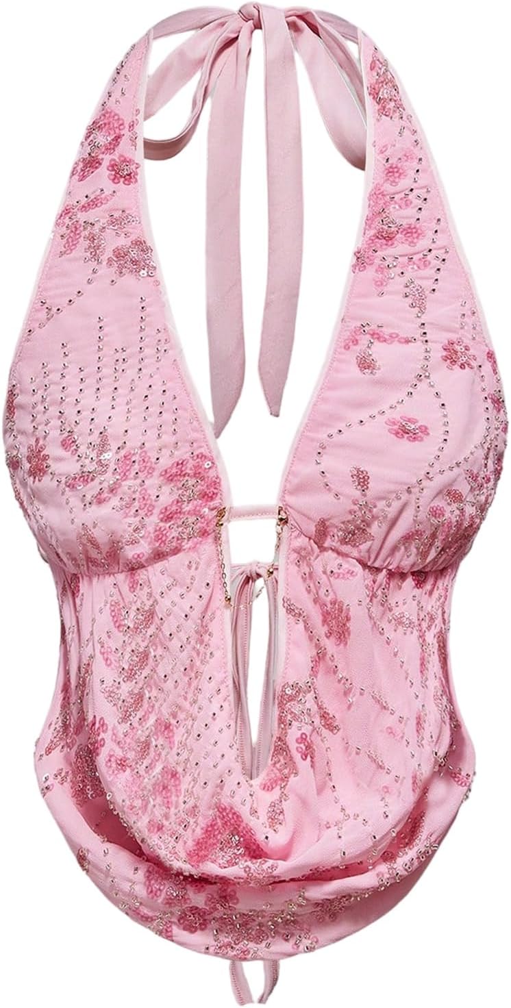 Verdusa Women's Cheetah Print Sequin Top Y2K Tie Back Corset Halter Going Out Crop Tops